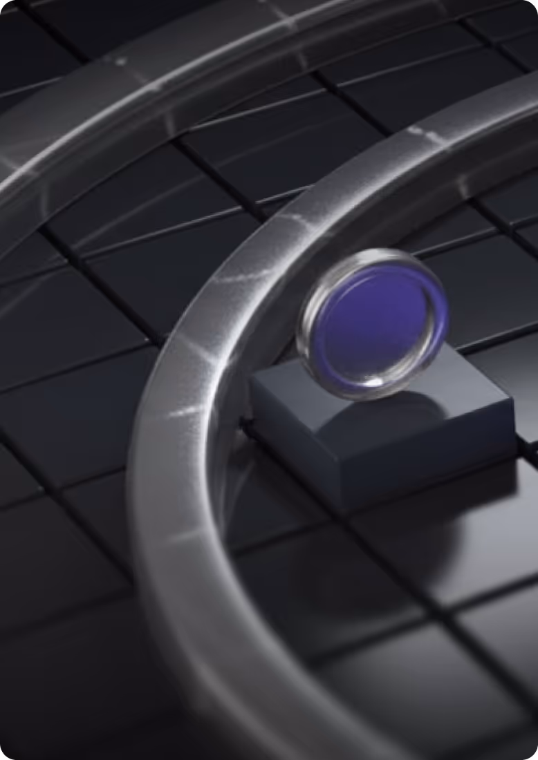 Close-up of a purple circular gem or token mounted on a black square pedestal with silver metallic rings on a dark grid surface.